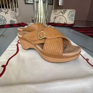 Clarks Tan Women's Mules with Gold Buckle